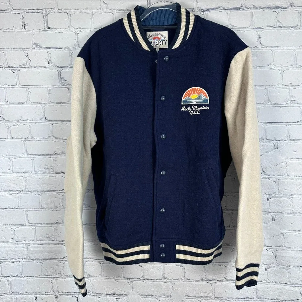 Faherty‎ Men's Wool-Blend Embroidered Throwback Varsity Jacket, Size XL, Navy